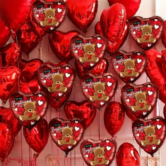 PMU Valentine’s Day Heart Shaped To My Boyfriend Bear 18 Inch Mylar-Foil Balloon with 78ft Ribbon Valentine's Day, Proposal, Special Events, Photo Props Party Decoration and Accessories (25/Pkg) Pkg/1
