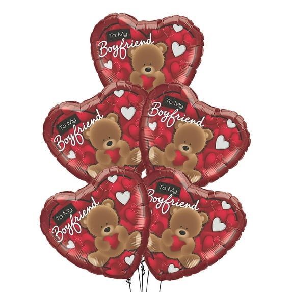 PMU Valentine’s Day Heart Shaped To My Boyfriend Bear 18 Inch Mylar-Foil Balloon Valentine's Day, Proposal, Special Events, Photo Props Party Decoration and Accessories (5/Pkg) Pkg/1