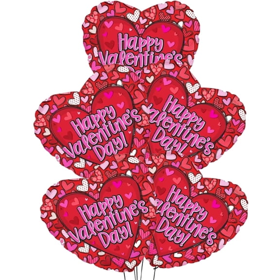 PMU Valentine's Day Heart Shaped Happy Valentine's Day Patterned Hearts 18 Inch Mylar-Foil Balloon Proposal, Special Events, Photo Props Party Decoration and Accessories (5/Pkg) Pkg/1