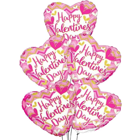PMU Valentine's Day Heart Shaped Happy Valentine's Day Pink Chevron 18 Inch Mylar-Foil Balloon Proposal, Special Events, Photo Props Party Decoration and Accessories (5/Pkg) Pkg/1