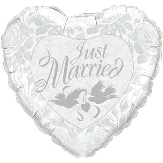 PMU Valentine’s Day Heart Shaped Just Married Pearl White and Silver 18 Inch Mylar-Foil Balloon (25/pkg) Pkg/1