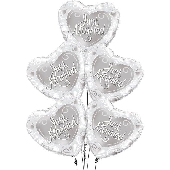 PMU Valentine’s Day Heart Shaped Just Married Silver 18 Inch Mylar-Foil Balloon (5/pkg) Pkg/1