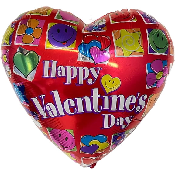 PMU Valentine’s Day Inch Heart Shaped "Happy Valentine's Day" Smiley Faces, Red Heart and Flowers 18 Inch Mylar-Foil Balloon, Proposal, Photo Props Party Decoration and Accessories Red Pkg/1