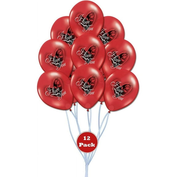 PMU Valentines Day Balloons 11 Inch I Love You Rose Ruby Red Latex Valentines Day, Weddings, Birthdays, Anniversaries, Engagements Pkg/12