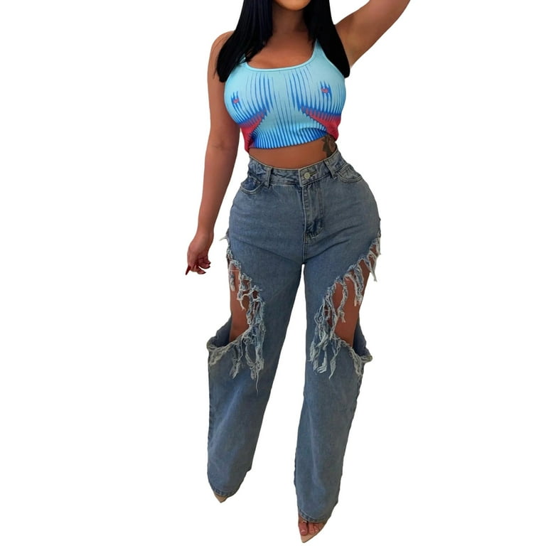 PMUYBHF 4Th of July Womens Plus Size Pant Suits Dressy Womens Outfit Casual  Jeans 2023 Hollow Out Streetwear High Waist Jeans Pants Cargo Pants Women