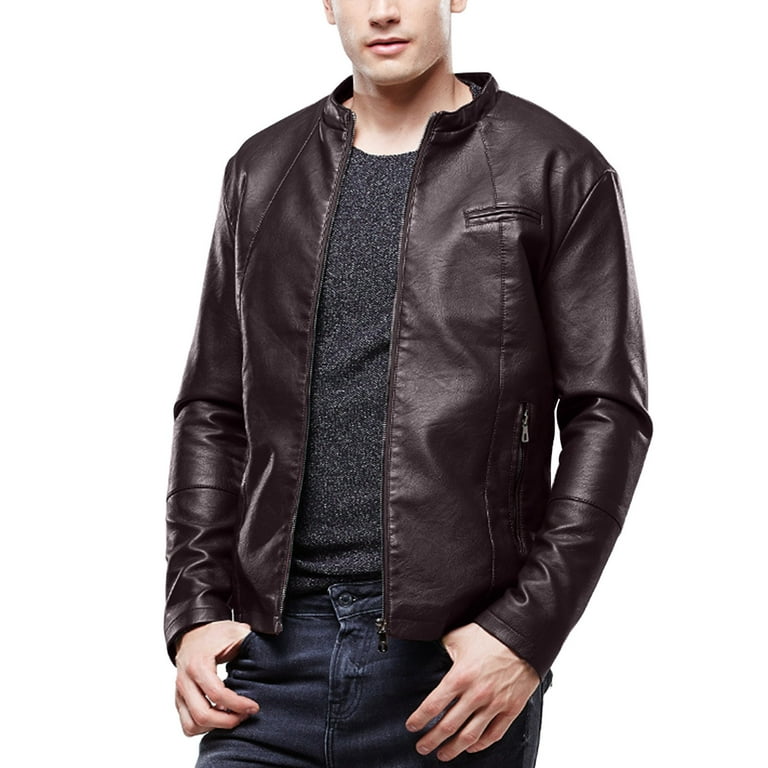 PMUYBHF 4X Mens Jackets Big and Tall Mens Autumn and Winter Fashion Casual Solid Color Zipper Pocket Leather Jacket Coat Jacket mens leather jacket black vintage Walmart