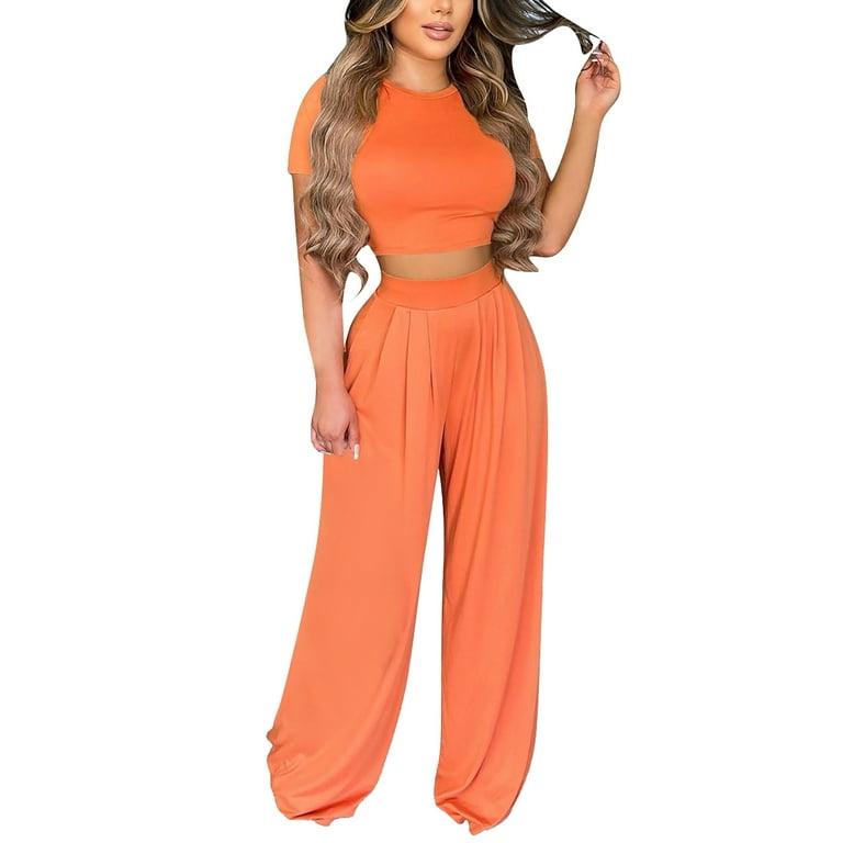 PMUYBHF 70S Outfits for Women Plus Size 4X Women's Fashion Casual Crew neck  Casual Top and Trousers Two Piece Suit New Years Eve Outfits Women