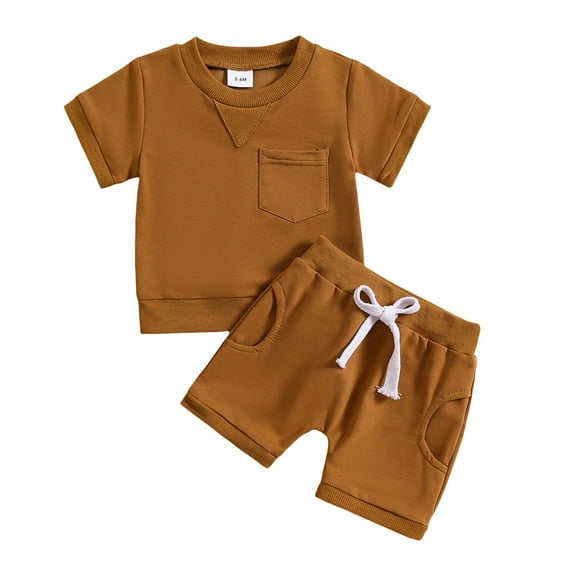 PMUYBHF Baby Clothes Boy 6-9 Months Summer Toddler Boys Short Sleeve Solid Prints T Shirt Tops Shorts Child Kids 2Pc set Outfits Clothes Brown 12M