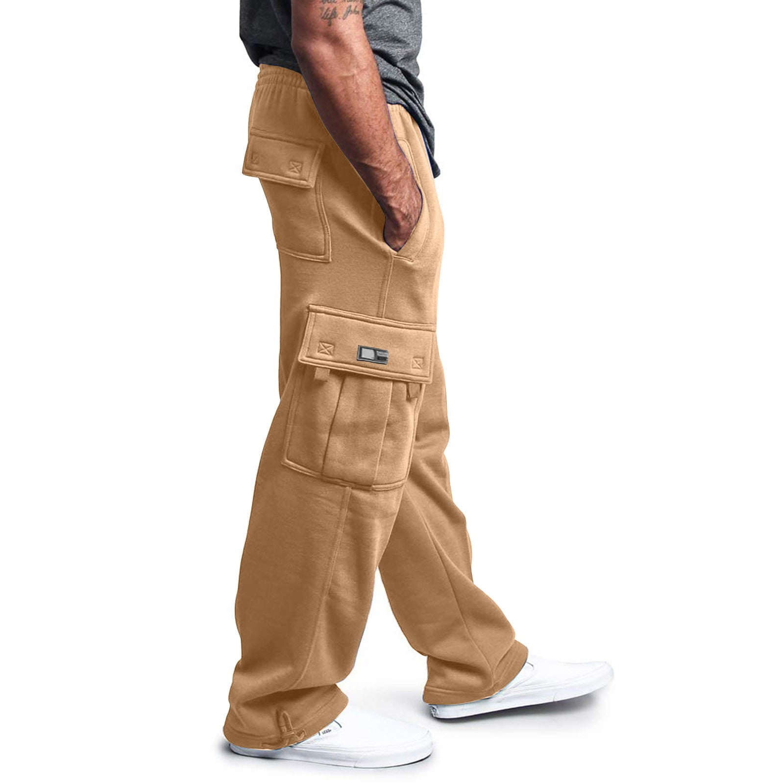 PMUYBHF Baggy Cargo Pants Men Beige Men's Rope Loosening Waist Solid Color  Pocket Trousers Loose Sports Trousers Cargo Jeans for Men Stretch Fit