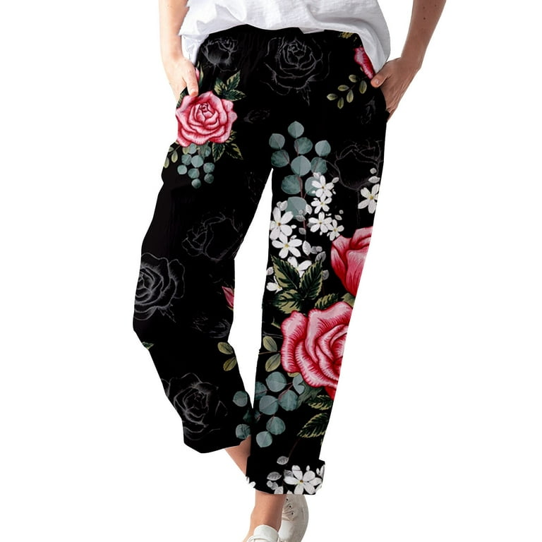 PMUYBHF Baggy Sweatpants for Women Tall Women's Printed Cotton and Linen  Pockets Casual Fashion Pants Women Fashion Flare Leggings for Women with  Pockets Petite Sweatpants Women Wide Leg 