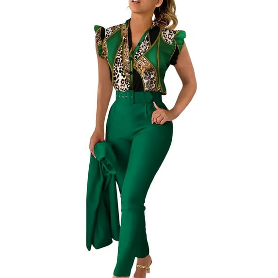 PMUYBHF Birthday Outfits for Women Clubwear Outfits for Women Clubwear Red Women Casual Fashion Print Ruffle Sleeve Vest Shirt Blouse Betton Pant with Belt Set Suits