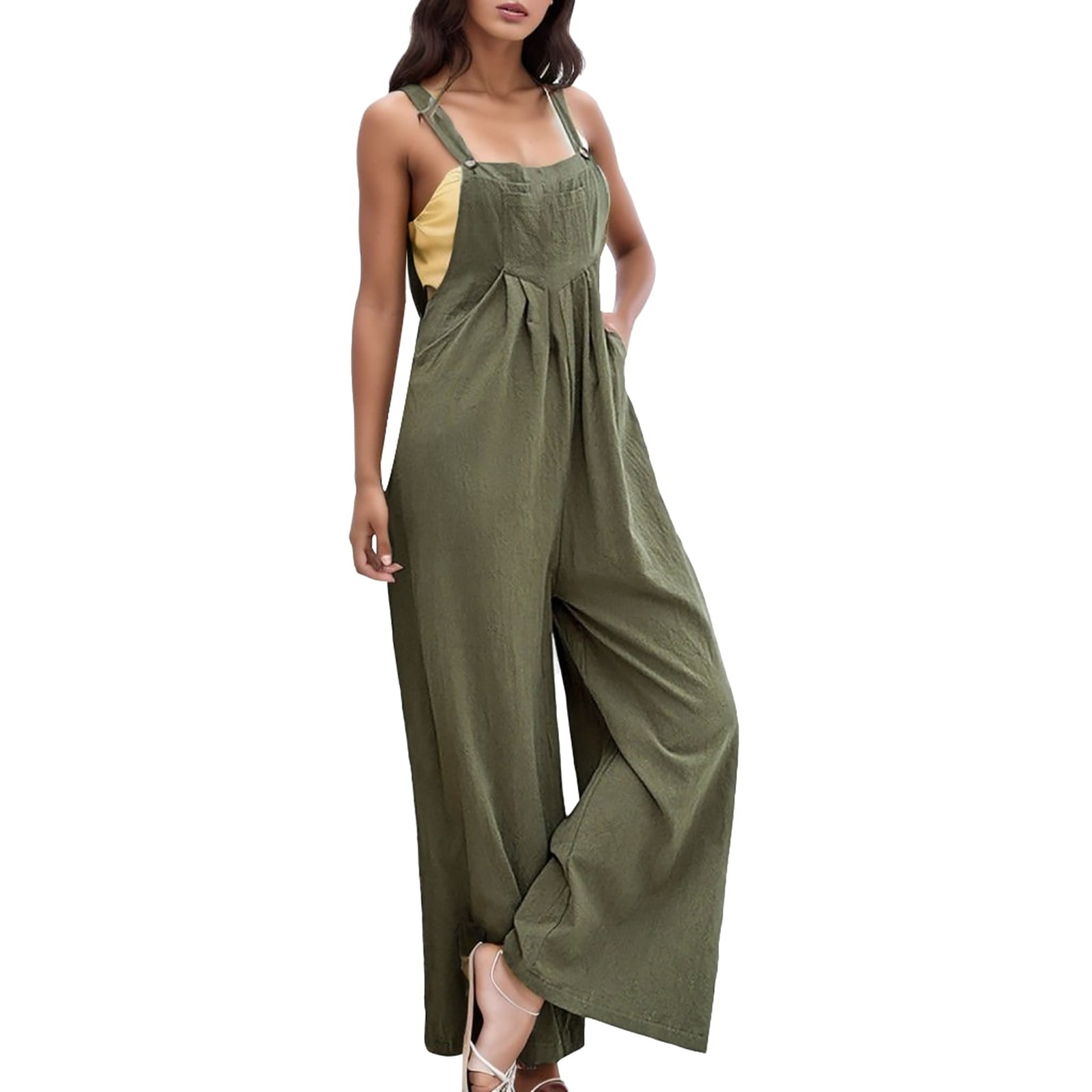 PMUYBHF Black Romper Dressy Long Women s Casual Thick Solid Color Loose Sleeveless Suspender Button up Jumpsuit Green Jumpsuit Women Overalls Women Denim Petite Plus Walmart