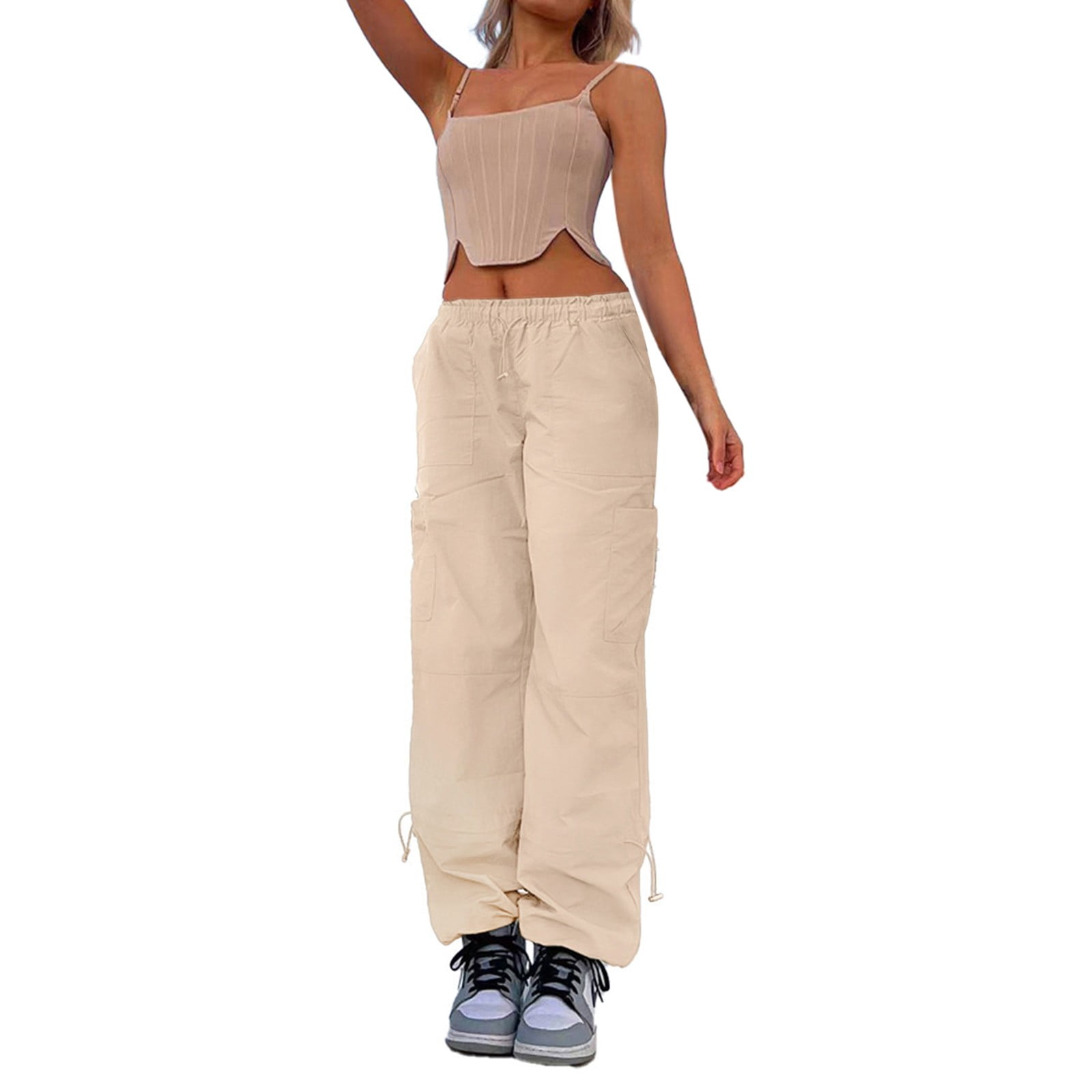 PMUYBHF Dress Pants Women Tall 35-37 Inseam Womens Casual Loose Straps  Multiple Pockets Straight Tube Elastic Cargo Pants July 4 Petite Plus Size Pants  for Women 