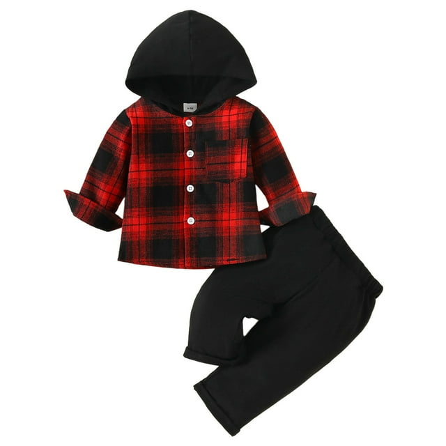 PMUYBHF Clearance Toddler Boys Long Sleeve Plaid Hooded Tops Solid