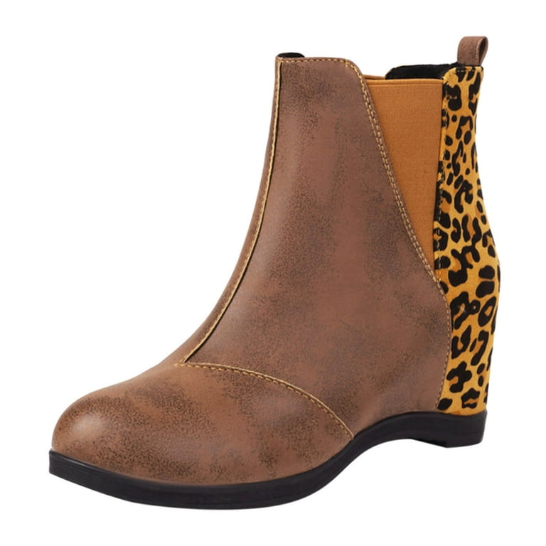 PMUYBHF Cowboy Boots for Women Ladies Leather Round Toe High Heel Slope Heel Splicing Colorblocking Multi Pattern Mid Calf Large Size Boots Ankle