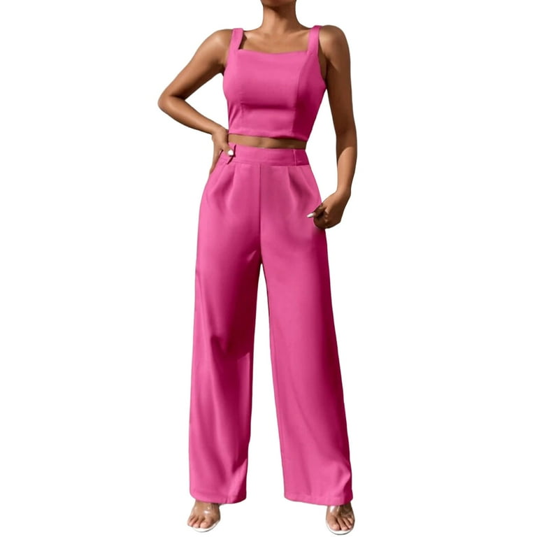 PMUYBHF Cute Fall Outfits for Women Plus Size Women's Suiting Hot Pink  Women's 2 Piece Outfits Square Neck Linen Tank Crop Top Wide Leg Pants  Matching Set Tracksuit Womens Spring Outfits 