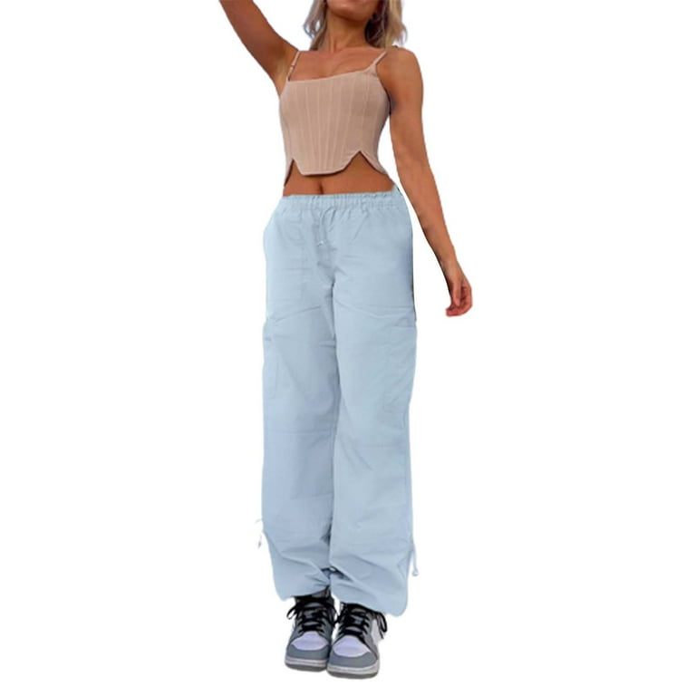 PMUYBHF Dress Pants Women Tall 35-37 Inseam Womens Casual Loose Straps  Multiple Pockets Straight Tube Elastic Cargo Pants July 4 Petite Plus Size  Pants for Women 