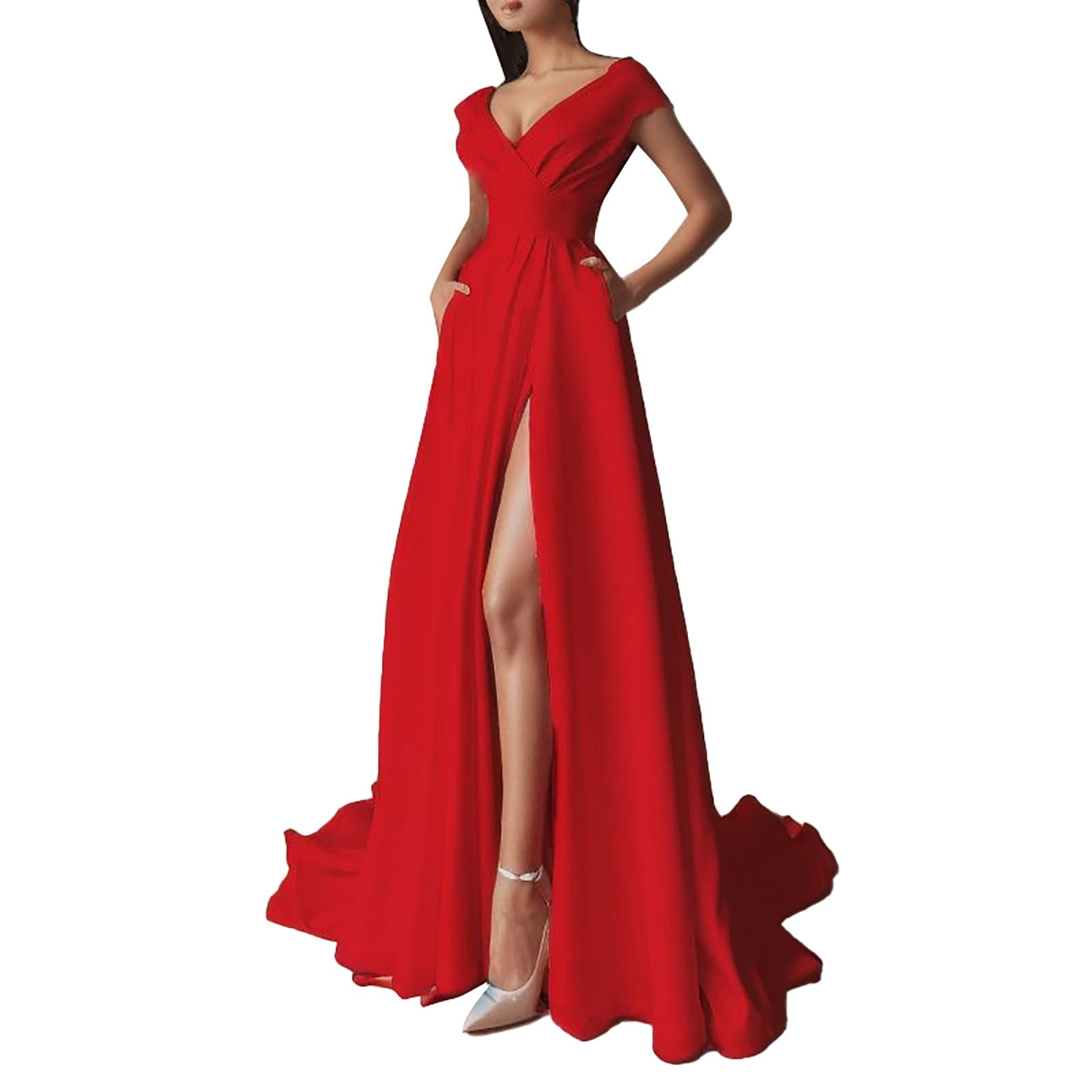 PMUYBHF Dress for Women Wedding Formal Dresses for Women Short Sleeve  Women's off Shoulder Style Ruffled Hem Red/Black/White High Waist Solid  Color Elegant Work Dress 