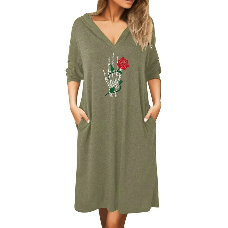 PMUYBHF Dress Women Plus Size Women's Casual Loose Long Sleeve Hooded  Floral Print Maxi Dress for Spring and Autumn Dress Plus Size 