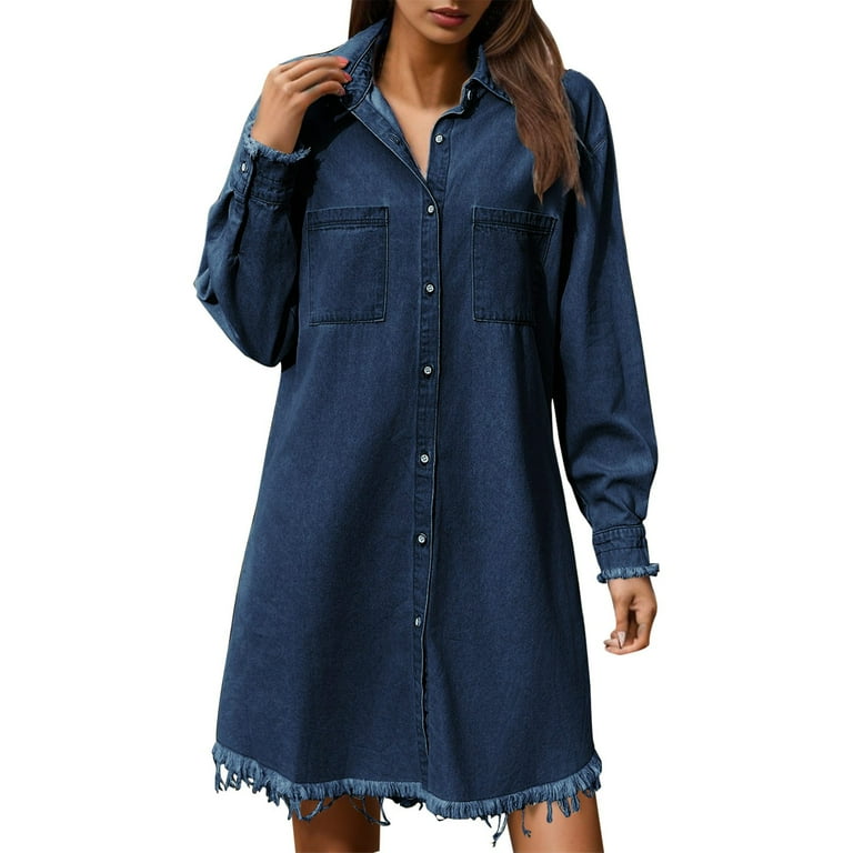 Plus Size Ladies Long Sleeve Casual Loose Denim Midi Dress Women Jeans  Dresses