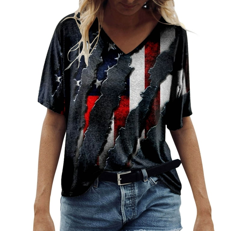 PMUYBHF Female 4/July Long Sleeve Shirts for Women Women Summer Simple  Casual V Neck Short Sleeve Tops Colorful Fun Independence Day Print Tshirt  Tops