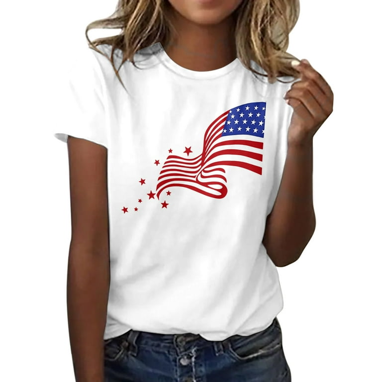 PMUYBHF Female 4Th of July Long Sleeve Shirts for Women V Neck Cotton  Womens Casual Independence Day Printed Short Sleeve O Neck T Shirt Top  White S