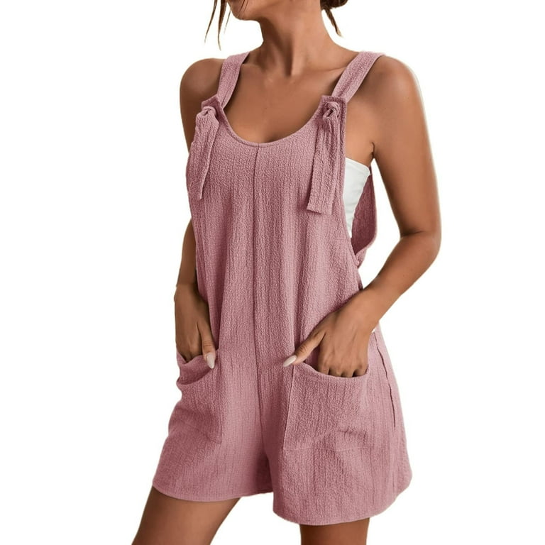 PMUYBHF Female 4Th of July Overalls Women Denim Petite Plus Women s Tie Shoulder Overall Shorts Scoop Neck Romper Jumpsuit with Pocket Pink S