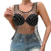 PMUYBHF Female L 4Th of July Womens Tank Tops Loose Fit Long Women's Sexy Black Fishnet Crop Top Cut out Detail Versatile Layering Piece for Edgy Looks 13.99