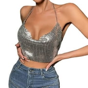 PMUYBHF Female One Size 4Th of July Women's Tank Tops Loose Fit Spaghetti Strap Women Chain Sexy Clothes Beading Tassel Sleeveless Backless Halter Crop Top Club Vintage Tank Tops 12.99