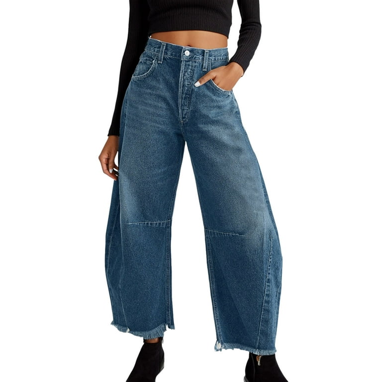 PMUYBHF Female S Elastic Jeans Women Baggy Wide Leg Jeans Barrel