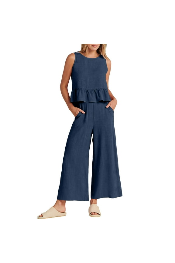 Floral Two Piece Outfit for Women Women's Summer 2 Piece Outfits Sleeveless Ruffle Tank Crop Top & Wide Leg Pants Set with Pockets 90S Outfit for Women Party Winter