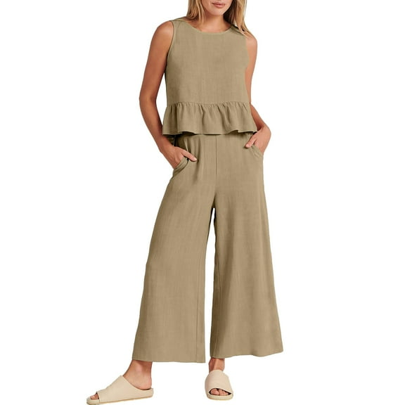 PMUYBHF Floral Two Piece Outfit for Women Women's Summer 2 Piece Outfits Sleeveless Ruffle Tank Crop Top & Wide Leg Pants Set with Pockets Vacation Outfits for Women Summer 2 Piece