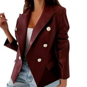 PMUYBHF Hooded Rain Jacket for Women Lightweight Women's Autumn and Winter Long Sleeved Double Fashion Pu Leather Jacket Small Jacket Long Blazer Jackets for Women Blazer Women Petite