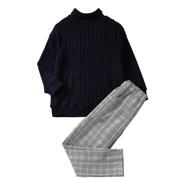 PMUYBHF Kids Toddler Boys Long Sleeve Solid Color Tops Plaid Pants Two