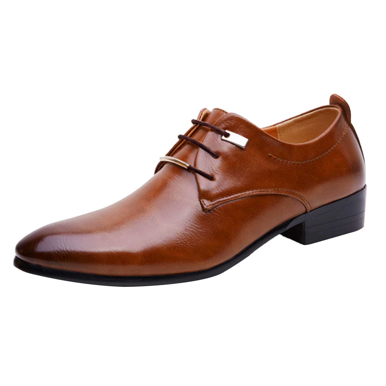 PMUYBHF Leather Shoes for Men Work Mens Shoes Fashion Style British Retro Pointed Toe Lace up