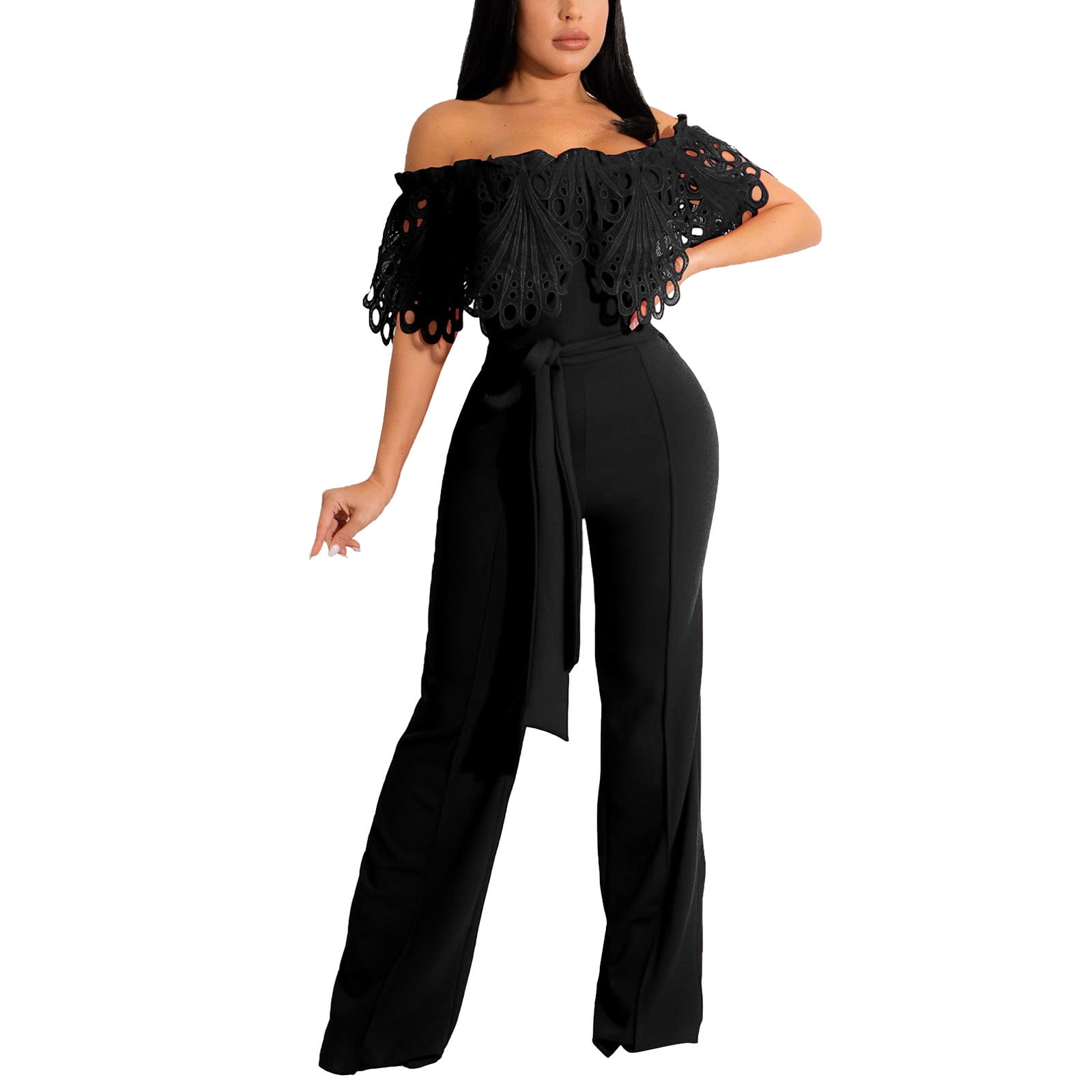 PMUYBHF Long Sleeve Romper for Women Dressy Women s Solid Color off Shoulder Ruffled Jumpsuit with Waist Belt Body Suit Long Sleeve Women Jumpsuit Black Jumpsuit for Women Long Sleeve Plus Size