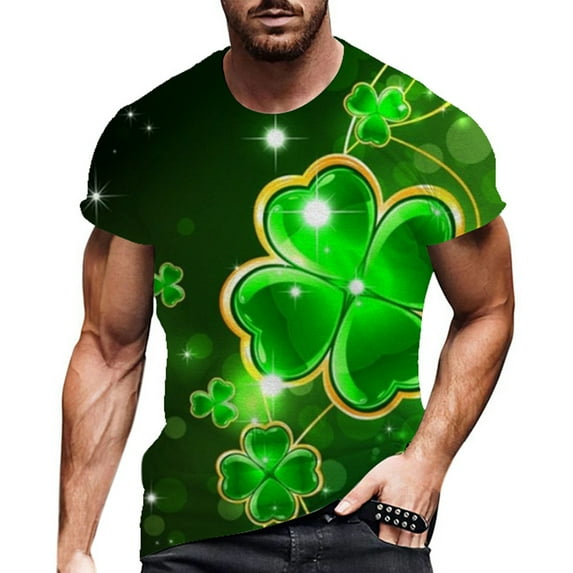 PMUYBHF Male Funny Tees Men's 3D Digital Print St. Day Irish Day Green Cotton Short Sleeve Top Green XL