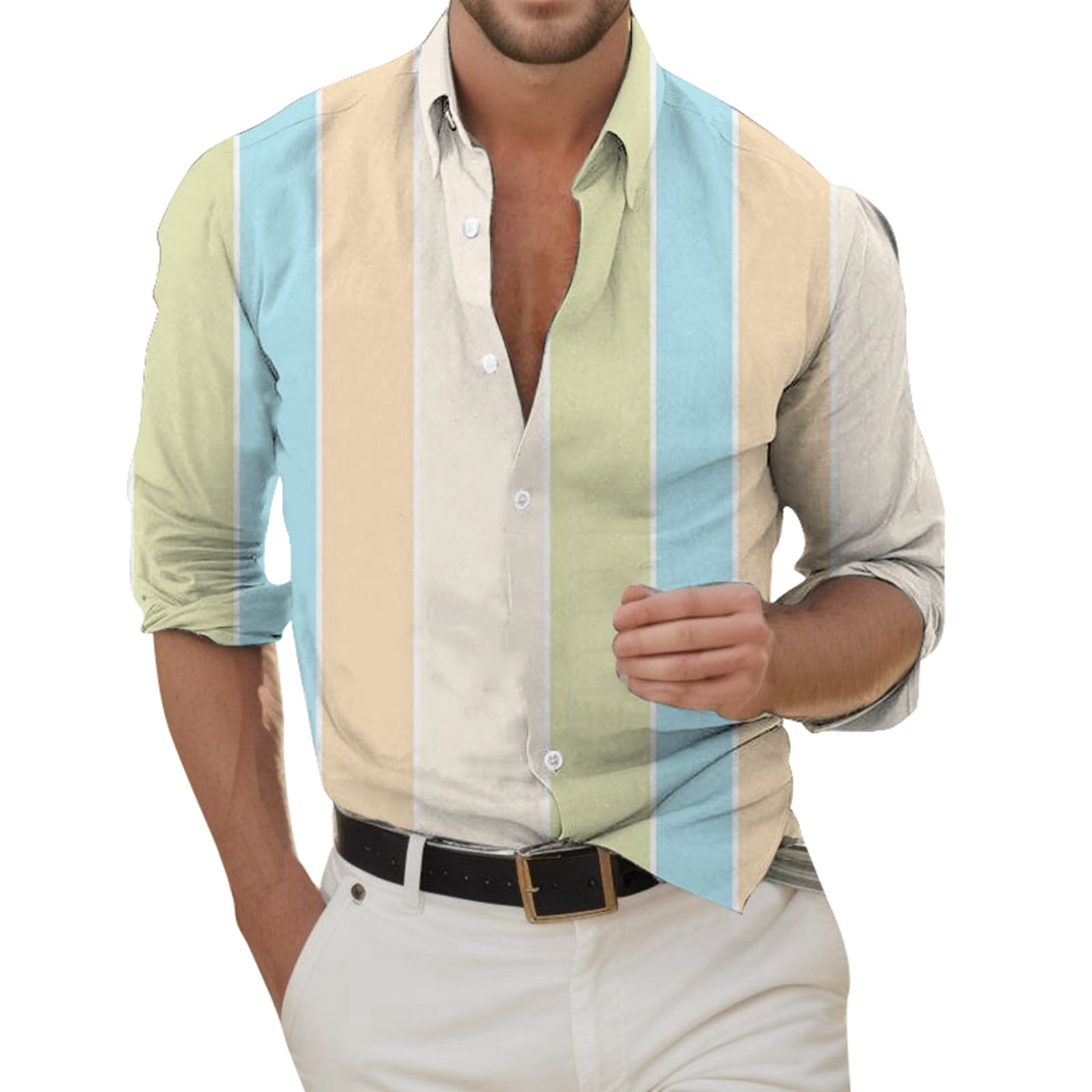 PMUYBHF Male L Mens White Linen Shirt 4/July Men's Casual Long Sleeve Button down Striped Shirt