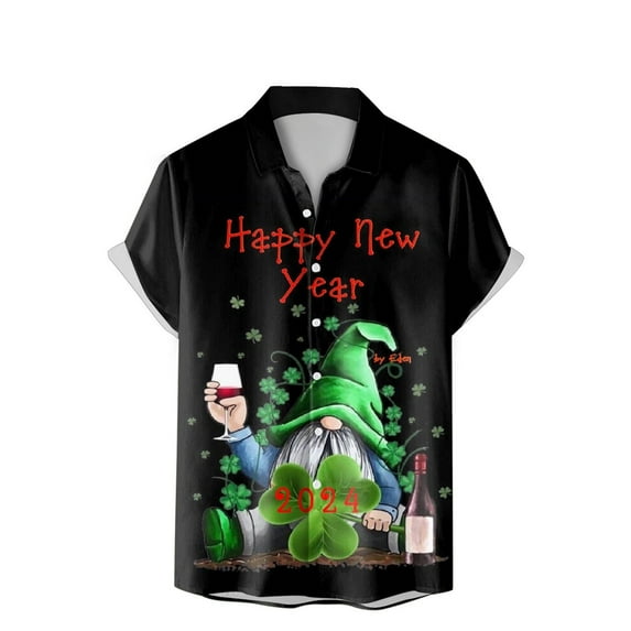 PMUYBHF Male Men's St Patrick's Day Clothing Mens St. Day Santa Digital 3D Printing Short Sleeve Lapel Button Shirt Top Black XXXL