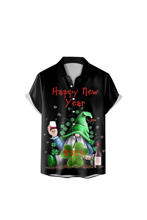 Male Men's St Patrick's Day Clothing Mens St. Day Santa Digital 3D Printing Short Sleeve Lapel Button Shirt Top Black XXXL