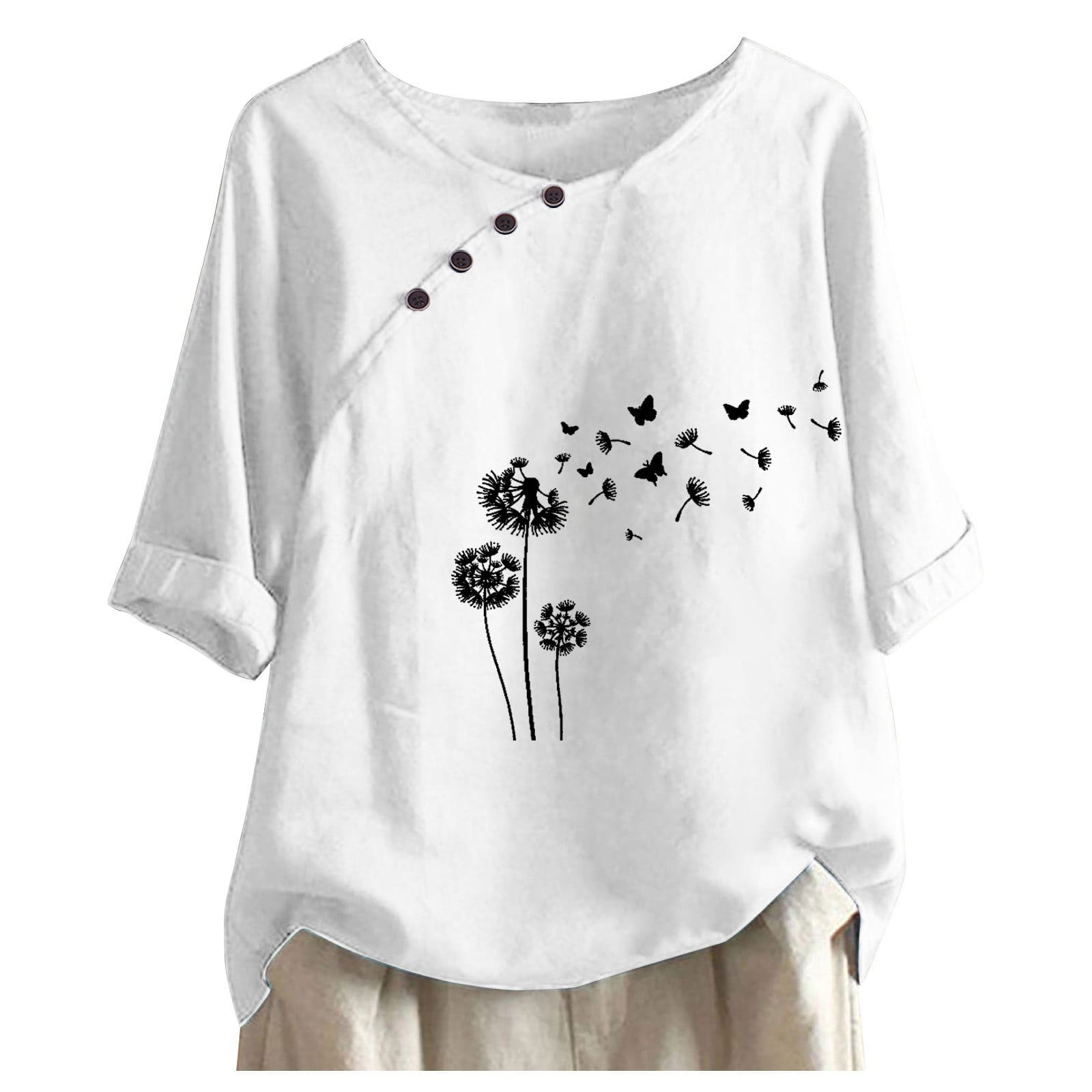 PMUYBHF O Neck T shirts Casual Button Dandelion Pattern Print Short Sleeve  Blouse Tops White-g