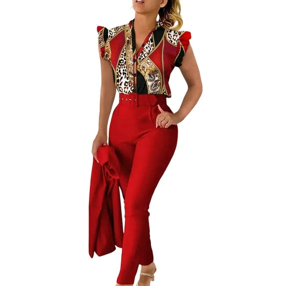 PMUYBHF Outfits for Women 2024 Plus Size Outfits for Women Clubwear Red Women Casual Fashion Print Ruffle Sleeve Vest Shirt Blouse Betton Pant with Belt Set Suits