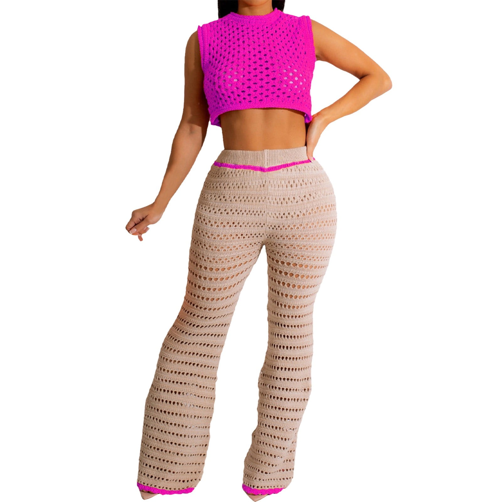 PMUYBHF Outfits for Women 2024 Summer Knitted Crochet Set Women Tank Top  and Wide Leg Pants Two Piece Set Tracksuit for Women 70S Outfits for Women