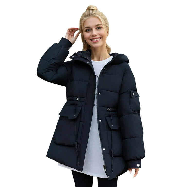 PMUYBHF Puffer Jacket Womens With Hood Plus Size Women Winter Mid Length Fashionable Drawstring Waist Simple Warm Solid Color Hooded Cotton Jacket Womens Rain Jackets Waterproof With Hood Walmart