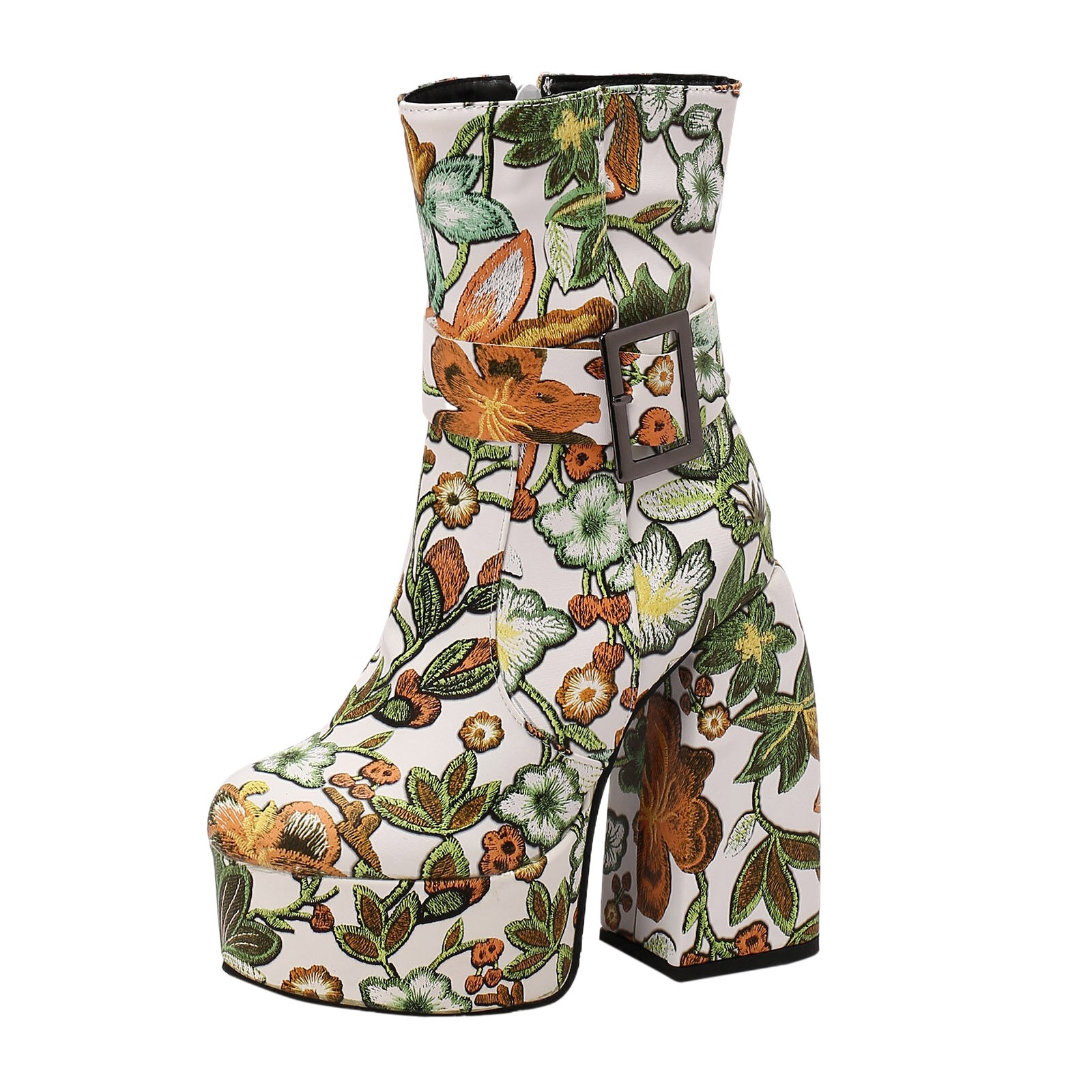 PMUYBHF Rain Boots Flower Colored Belt Buckle Ultra High Heel Women