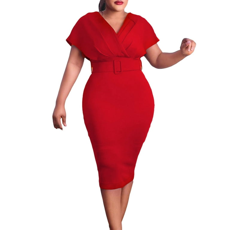 PMUYBHF Red Dresses for Women Long Sleeve Plus Holiday Dresses for Women  Plus Size Petite Women's Elegant Bodycon Ruffle Short Sleeve Midi Pencil Dress  Dress Work Dress 