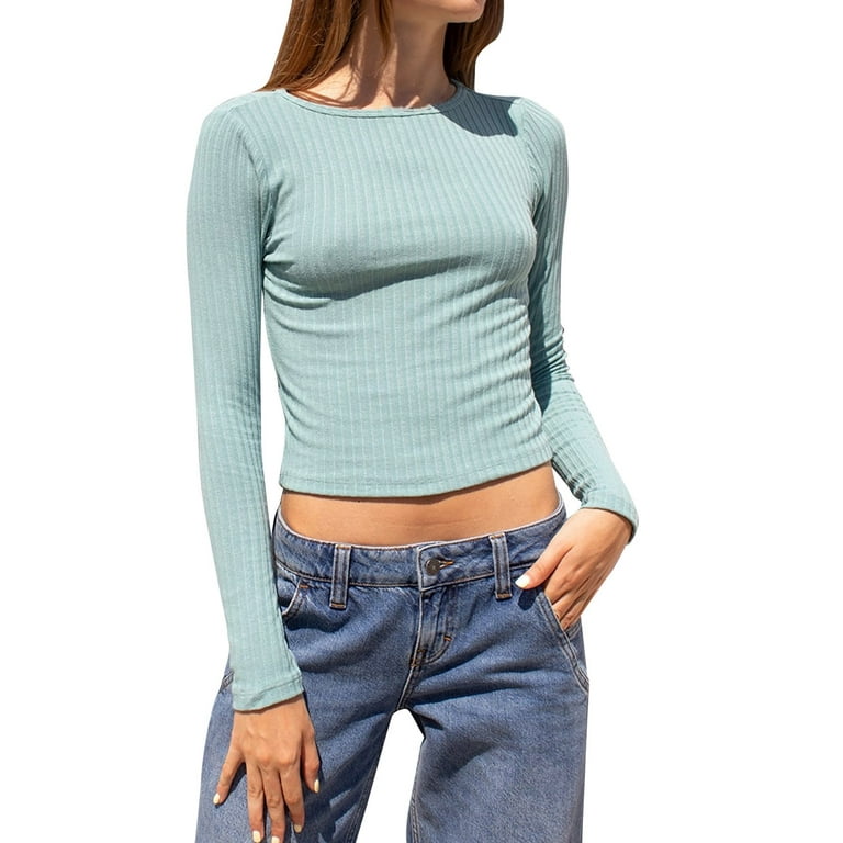 PMUYBHF Summer Top for Women 2024 Trendy Women's Solid Color Rround Neck T  Shirt Hot Girl Slim Long Sleeve Ribbed Shirt Top Blouse Backless Tops for