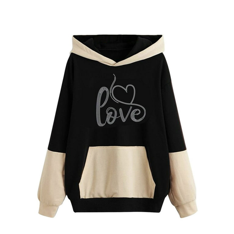 PMUYBHF Sweater Fall Sweatshirts for Women Plus Size Women Casual Sweashirt Colorblock Hooded Hot Diamond Letter Print Hooded Pockets Sweashirt Long