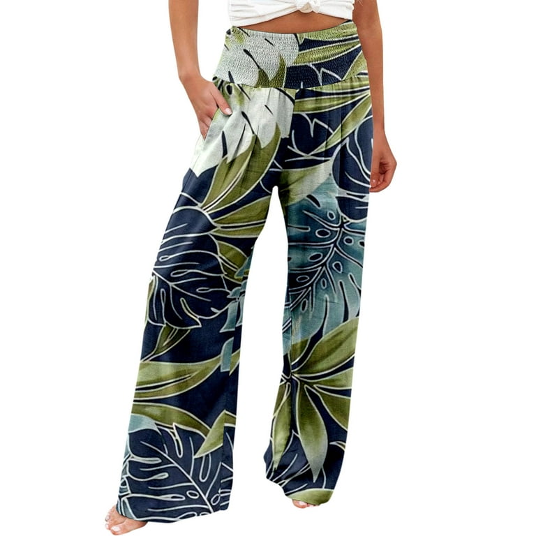 Women Floral Drawstring Wide Leg Pants Summer Casual Beach Baggy Trousers