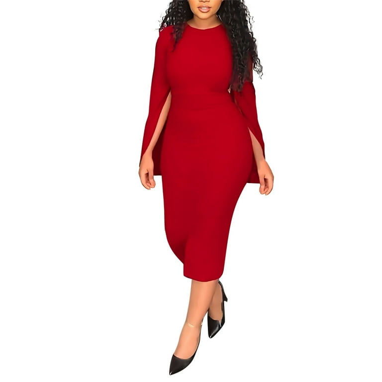 PMUYBHF Winter Dresses for Women 2024 Xl Winter Dresses for Women 2024 Plus  Size Women's Autumn and Winter Solid Color Long Sleeve Round Neck Slit  Backless Long Dress 